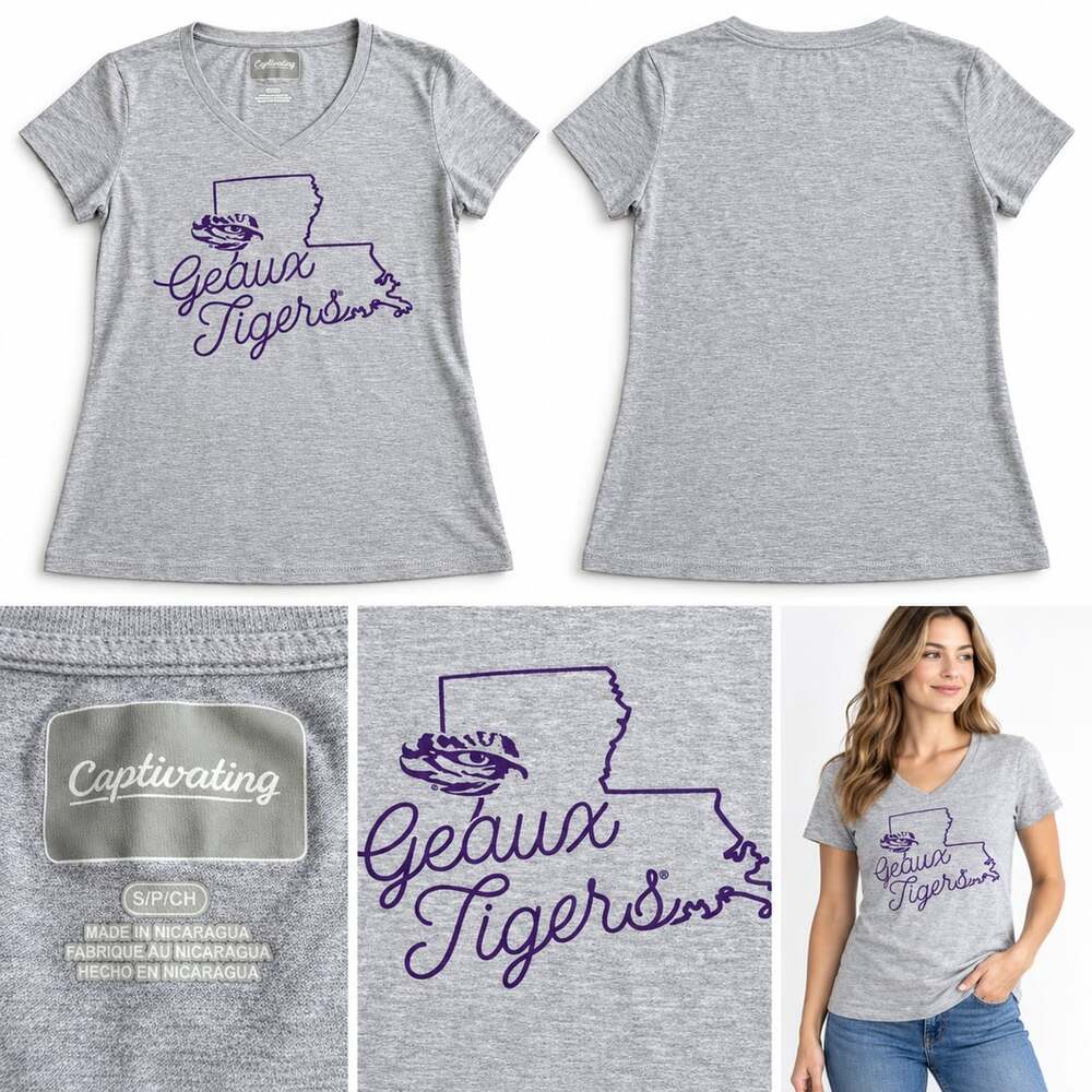 Captivating Geaux Tigers Louisiana V-Neck T-Shirt Size S Grey